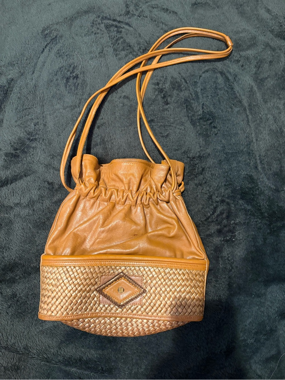 Vintage Barbara Bolan Made in Italy Tan Leather & Woven Drawstring Bucket Bag